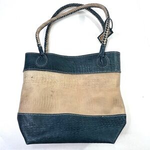 Handmade Genuine Leather Tote Bag Croc Embossed Kokopelli Green Tan Purse